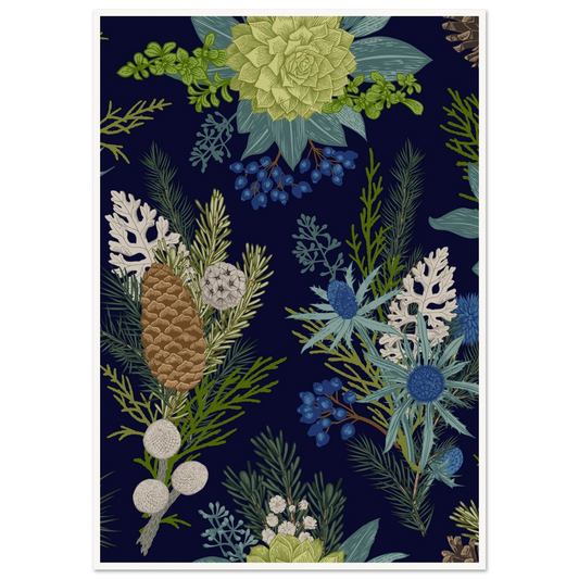 Navy Pinecone Winter Art Print | William Morris Inspired - Framed Poster - 30x30 cm / 12x12″ - Black frame