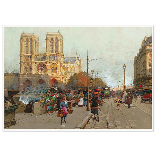 Notre Dame De Paris, Vue Du Quai De Montebello Art Print | Eugene Galien Laloue - Framed Poster - 30x40 cm / 12x16″ - Black frame