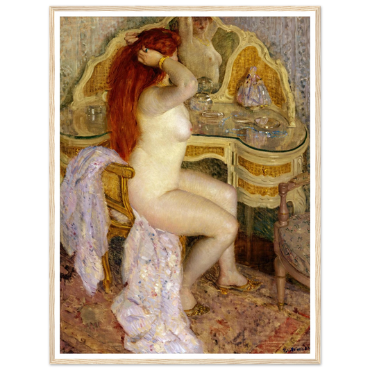 Nude Seated at Her Dressing Table (1909) Art Print | Frederick Carl Frieseke - Framed Poster - 30x40 cm / 12x16″ - Black frame
