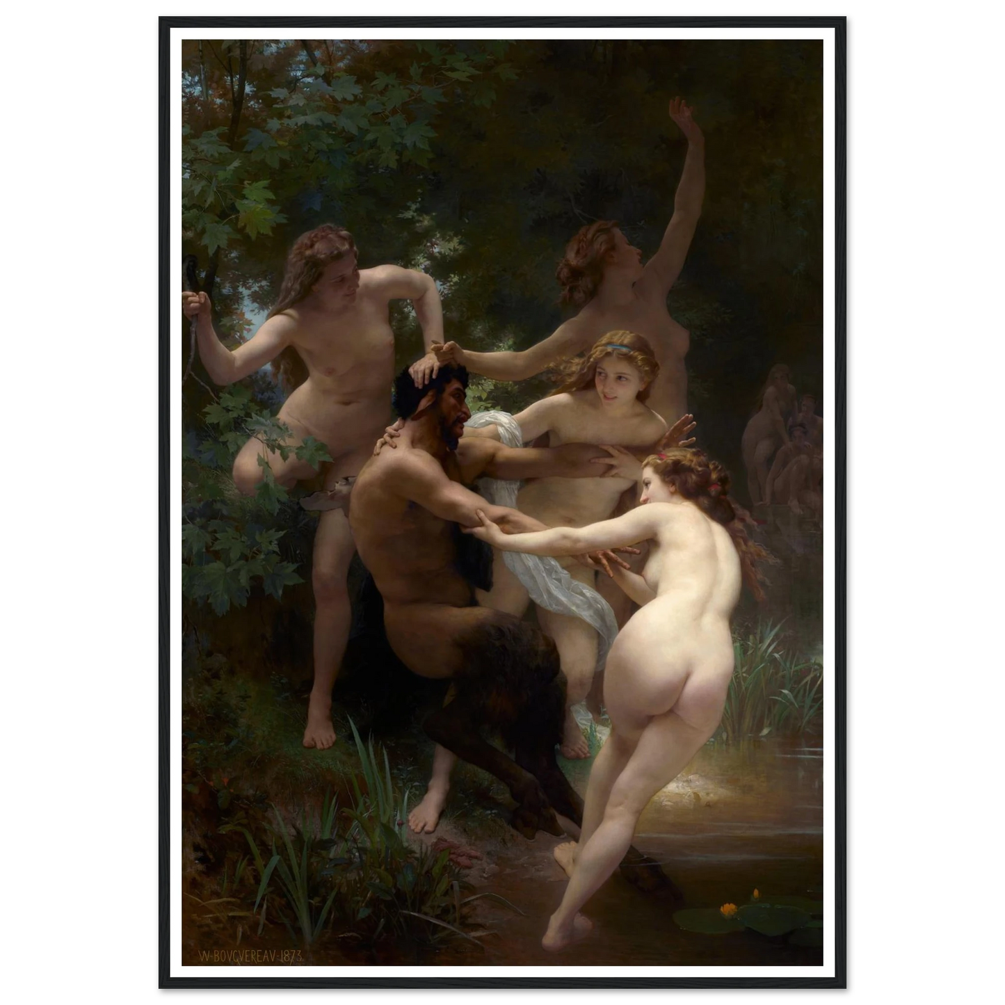 Nymphs and Satyr (1873) Art Print | William Bouguereau - Framed Poster - 30x40 cm / 12x16″ - Black frame