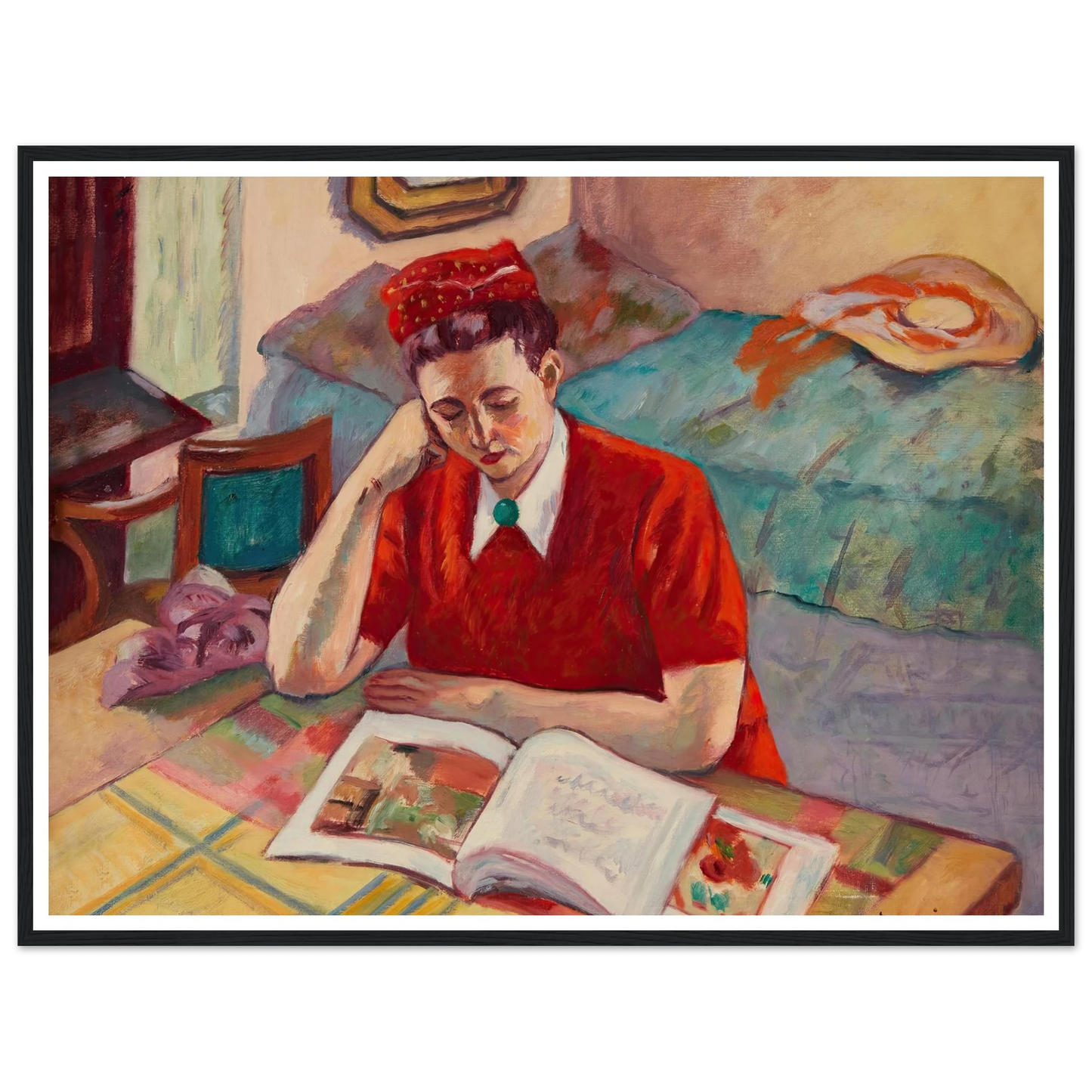 Odette au turban rouge (1947) Art Print | Henri Manguin - Framed Poster - 30x40 cm / 12x16″ - Black frame