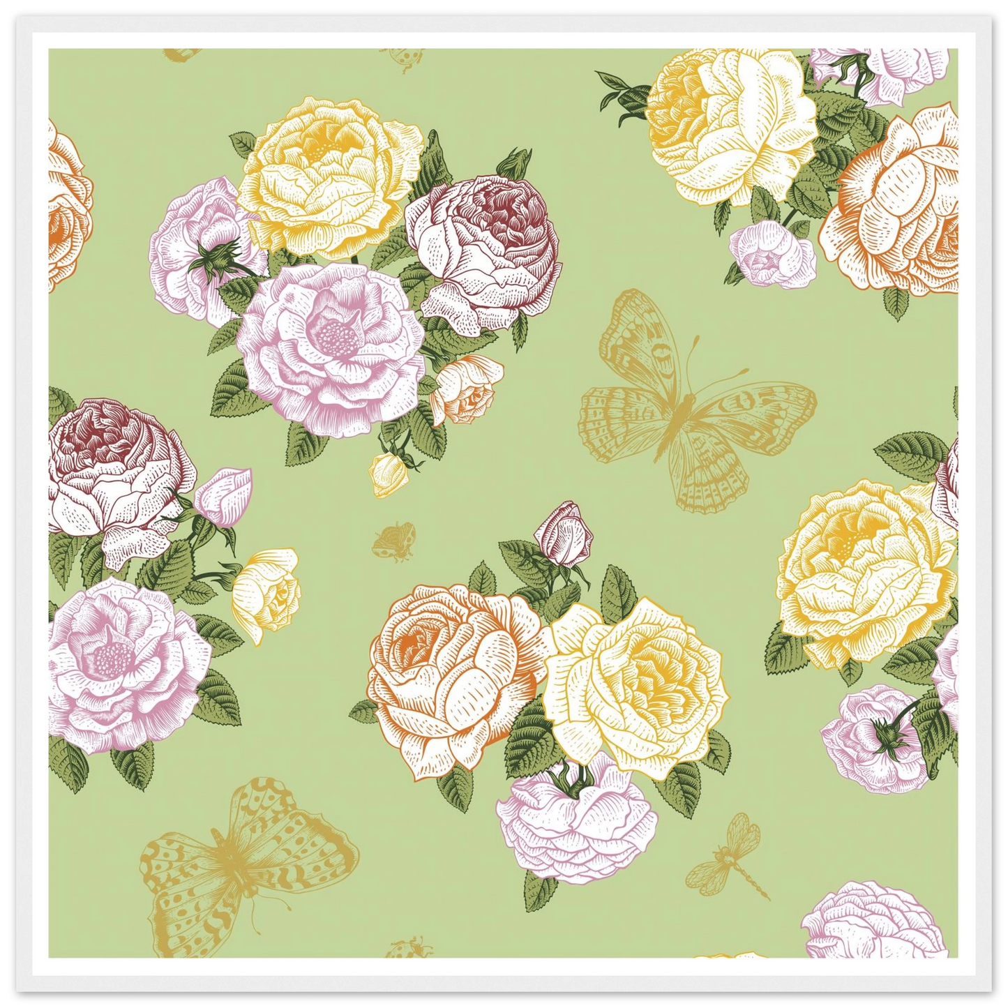 Olive Rose Garland Art Print | William Morris Inspired - Framed Poster - 30x30 cm / 12x12″ - Black frame