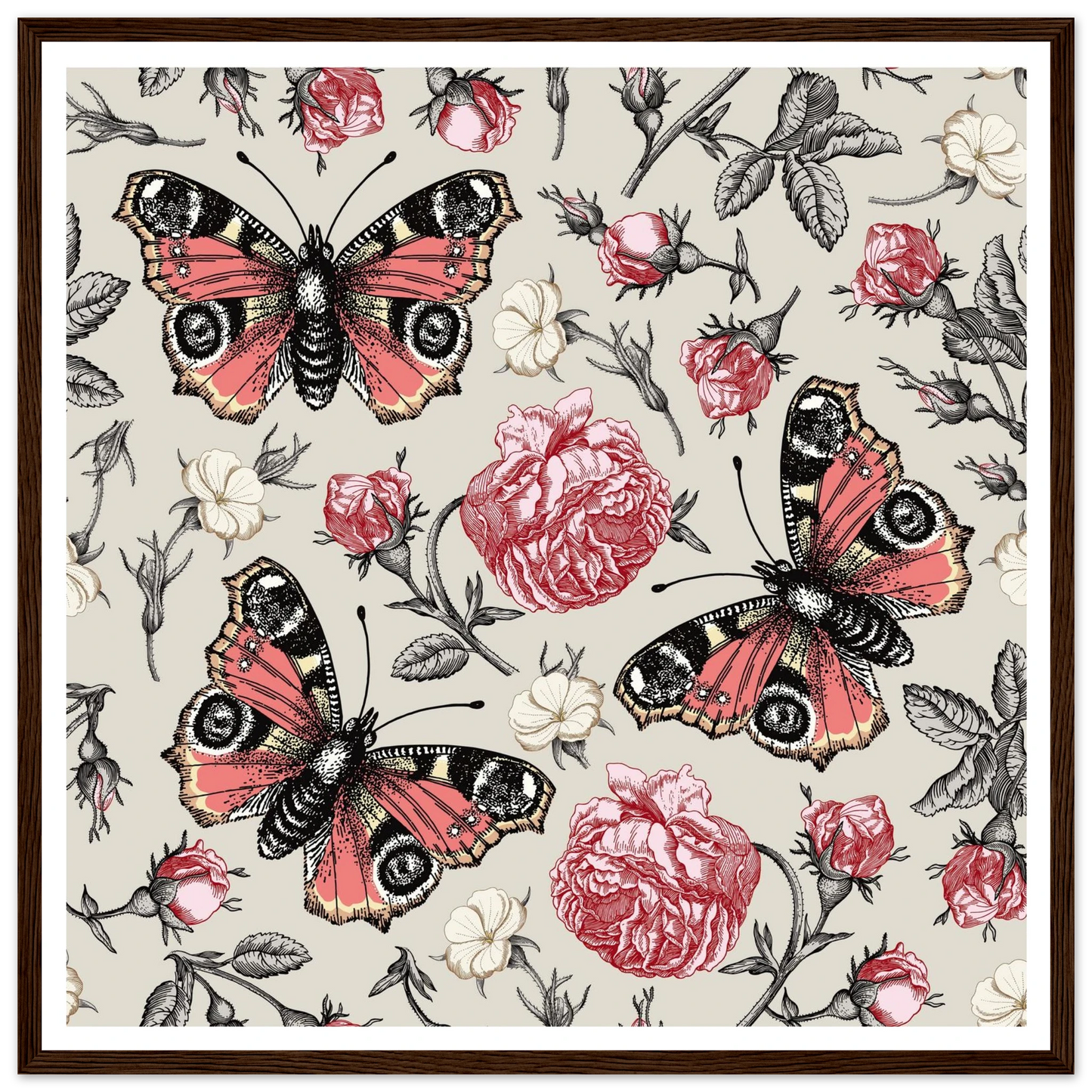 Peacock Eye & Rambler Rose Art Print | William Morris Inspired - Framed Poster - 30x30 cm / 12x12″ - Black frame