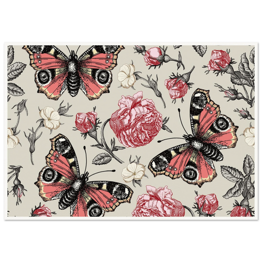 Peacock Eye & Rambler Rose Art Print | William Morris Inspired - Framed Poster - 30x30 cm / 12x12″ - Black frame