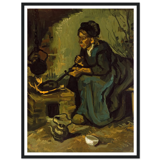 Peasant Woman Cooking by a Fireplace (1885) Art Print | Vincent van Gogh - Framed Poster - 30x40 cm / 12x16″ - Black frame