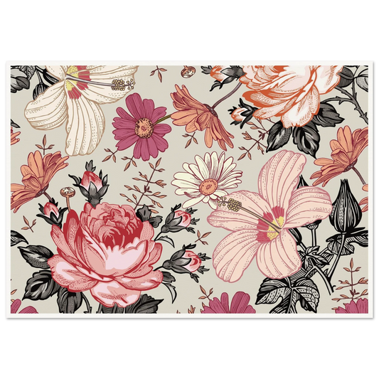 Pink Hibiscus Revival Art Print | William Morris Inspired - Framed Poster - 30x30 cm / 12x12″ - Black frame