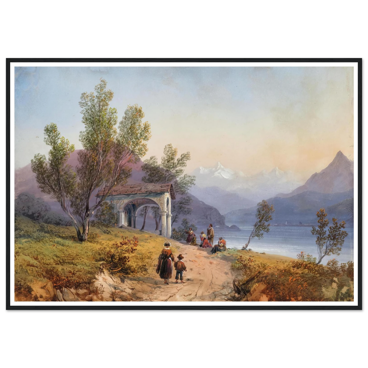 Prayer on the Shore of Lake Maggiore (1849) Art Print | Carlo Bossoli - Framed Poster - 30x40 cm / 12x16″ - Black frame