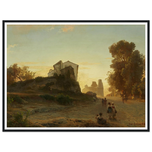 Römische Straße im Abendlicht Art Print | Oswald Achenbach - Framed Poster - 30x40 cm / 12x16″ - Black frame