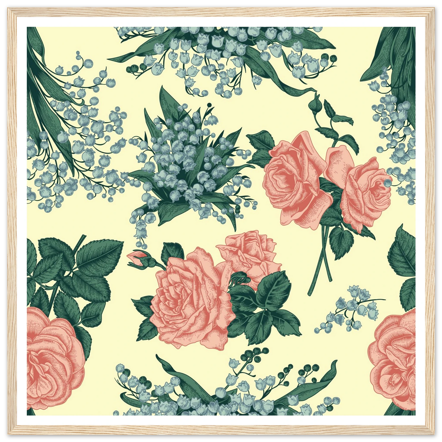 Rose & May Sprig Art Print | William Morris Inspired - Framed Poster - 30x30 cm / 12x12″ - Black frame