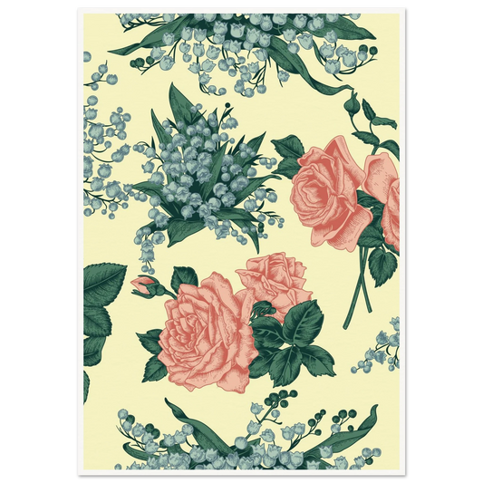 Rose & May Sprig Art Print | William Morris Inspired - Framed Poster - 30x30 cm / 12x12″ - Black frame