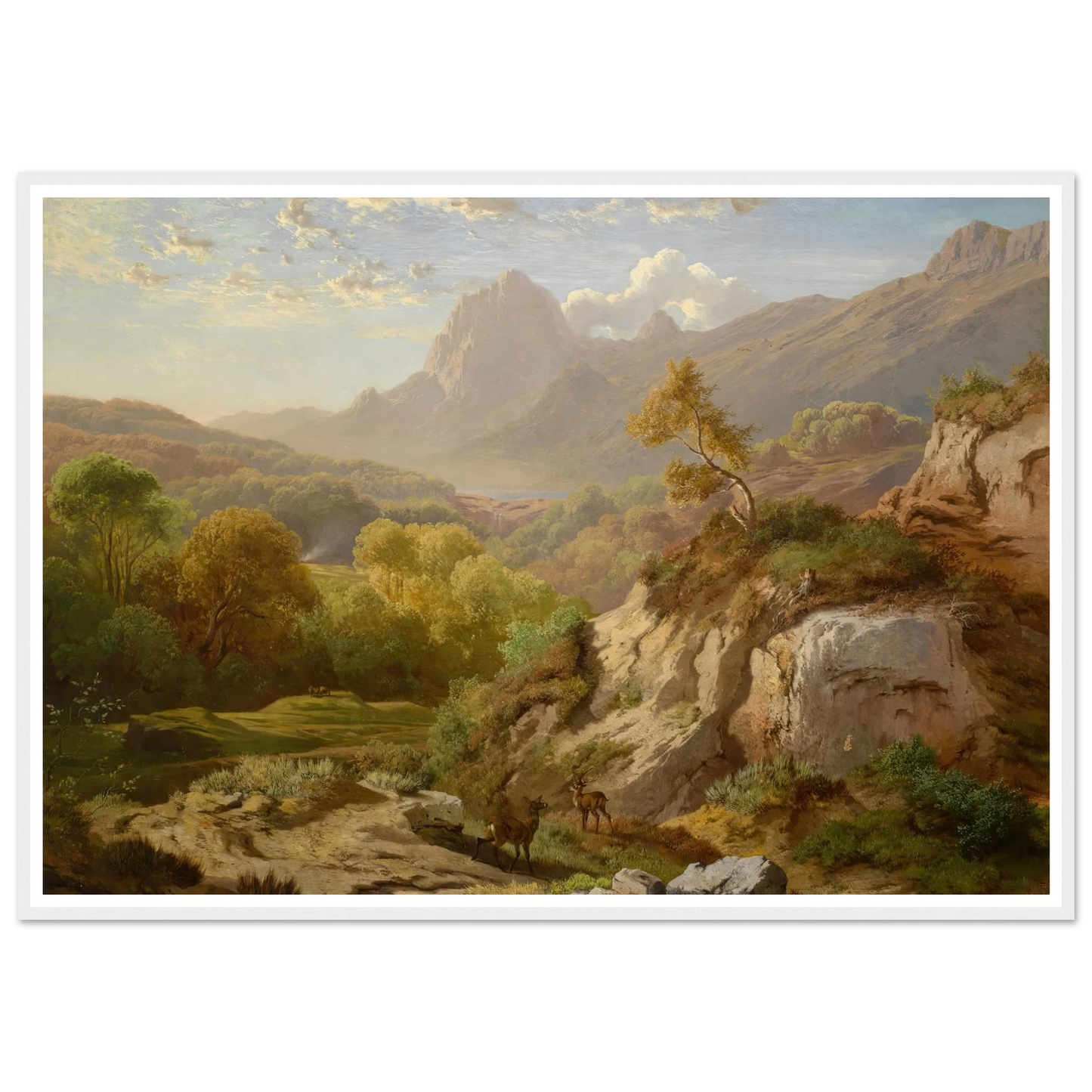 Rotwild in einer weiten Gebirgslandschaft Art Print | Albert Zimmermann - Framed Poster - 30x40 cm / 12x16″ - Black frame