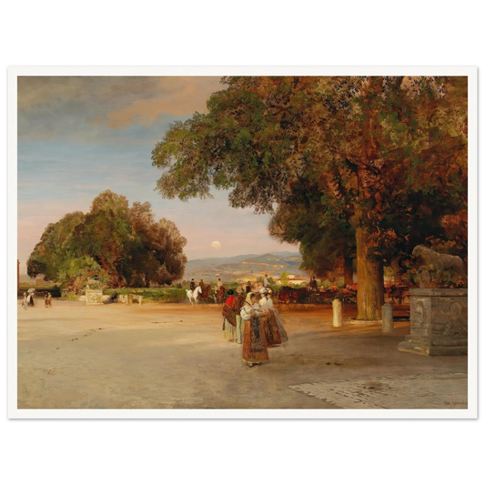 Scene at dusk on the terrace of Villa Grazioli in Grottaferrata Art Print | Oswald Achenbach - Framed Poster - 30x40 cm / 12x16″ - Black frame