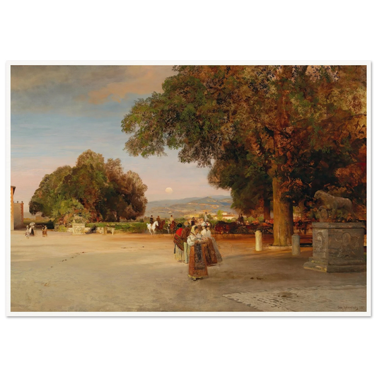 Scene at dusk on the terrace of Villa Grazioli in Grottaferrata Art Print | Oswald Achenbach - Framed Poster - 30x40 cm / 12x16″ - Black frame