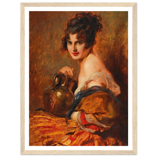 Schöne mit Weinkaraffe Art Print | Leopold Schmutzler - Framed Poster - 30x40 cm / 12x16″ - Black frame