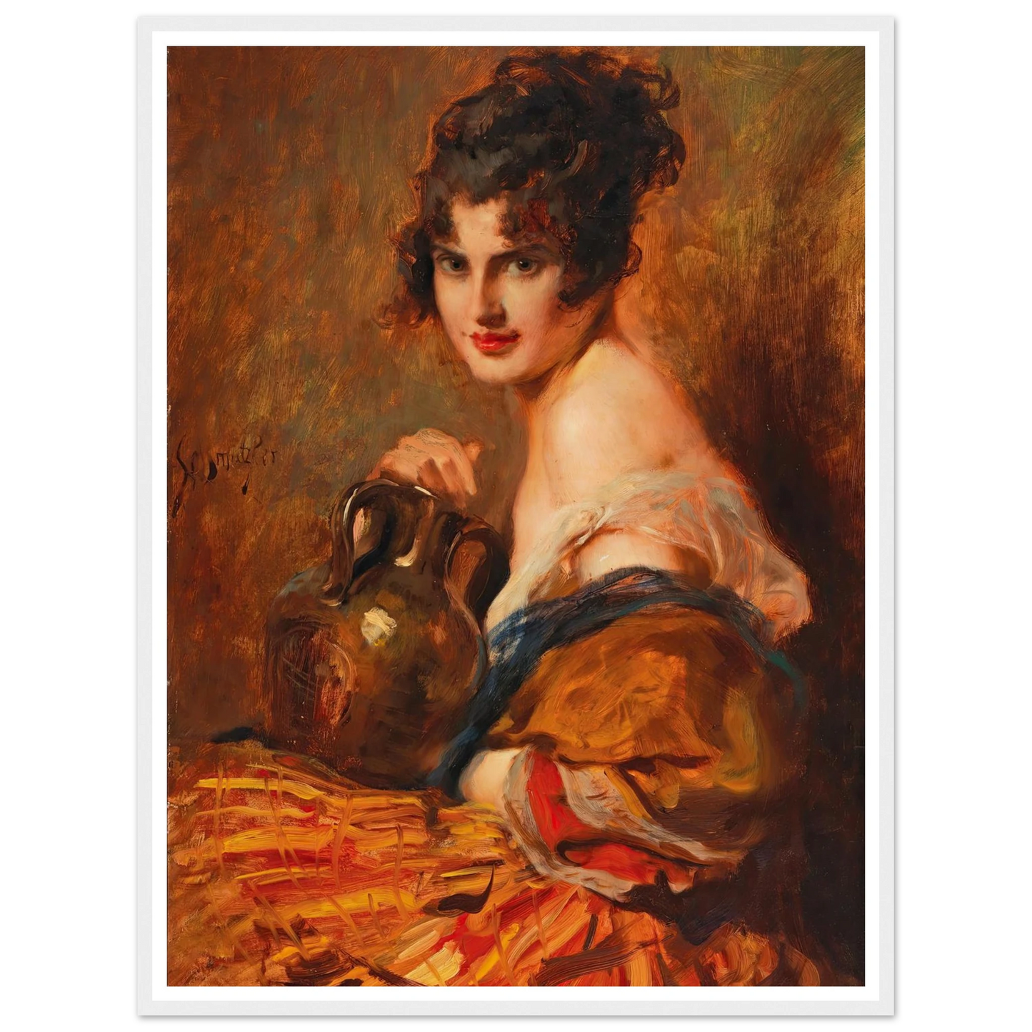 Schöne mit Weinkaraffe Art Print | Leopold Schmutzler - Framed Poster - 30x40 cm / 12x16″ - Black frame