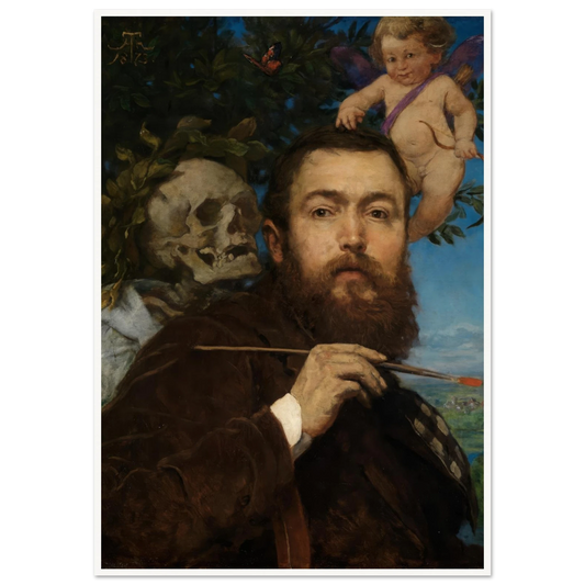 Self-portrait with Cupid and Death (ca 1875) Art Print | Hans Thoma - Framed Poster - 30x40 cm / 12x16″ - Black frame