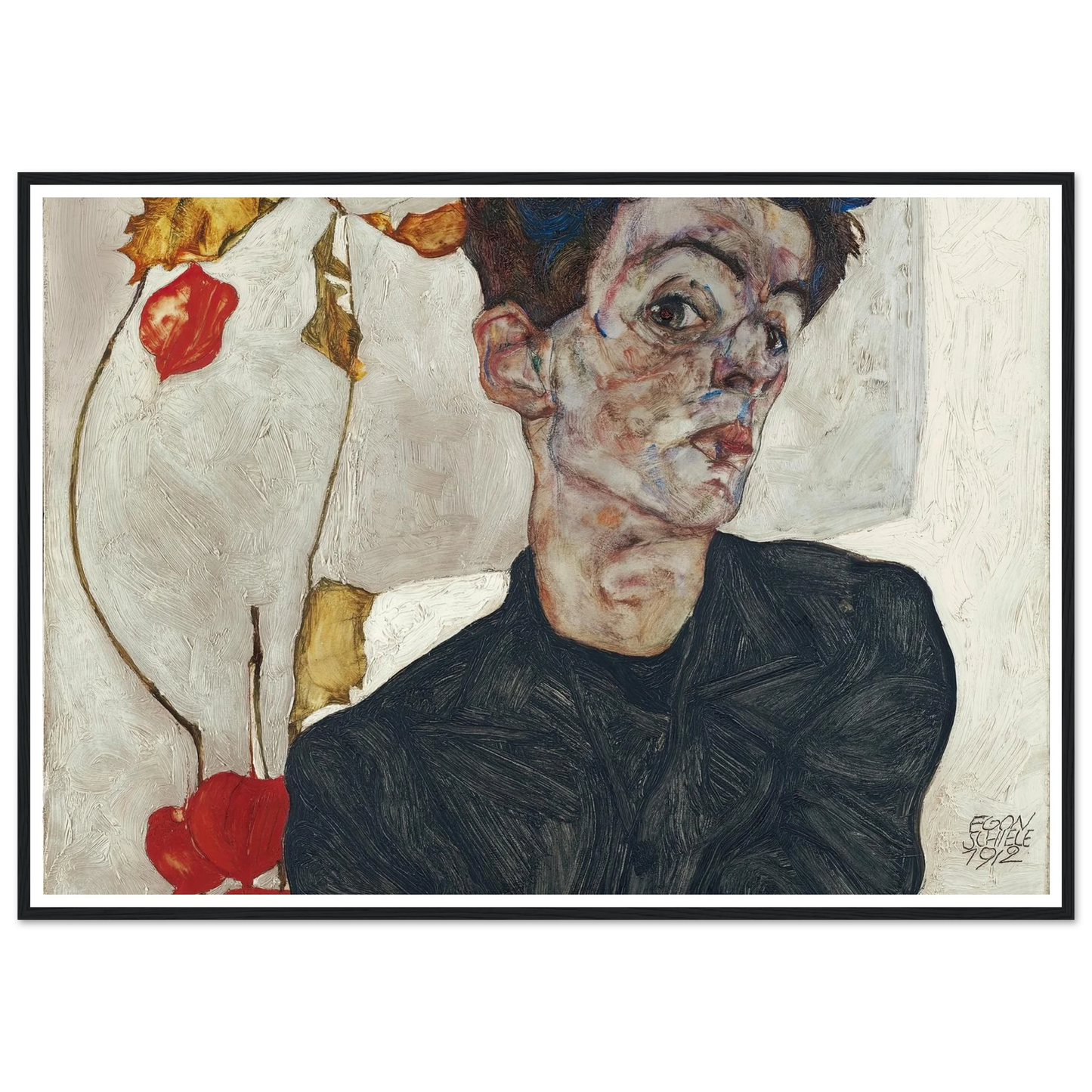 Self-Portrait With Physalis (1912) Art Print | Egon Schiele - Framed Poster - 30x40 cm / 12x16″ - Black frame