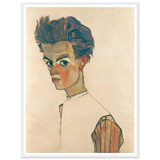 Self-Portrait with Striped Shirt (1910) Art Print | Egon Schiele - Framed Poster - 30x40 cm / 12x16″ - Black frame