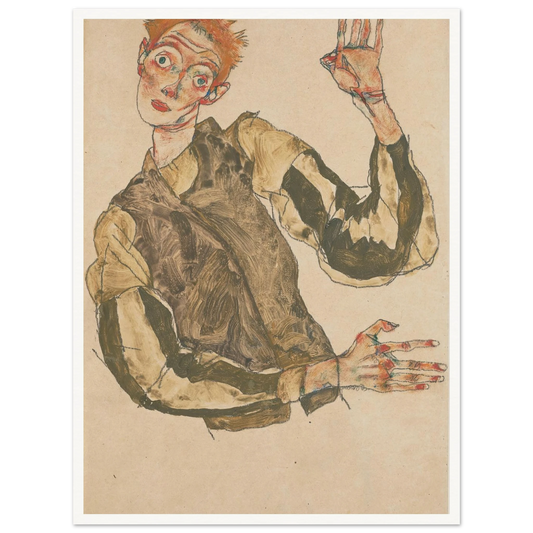 Self-Portrait with Striped Sleeves (1915) Art Print | Egon Schiele - Framed Poster - 30x40 cm / 12x16″ - Black frame