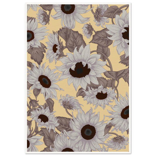 Sepia Sunflower Field Art Print | William Morris Inspired - Framed Poster - 30x30 cm / 12x12″ - Black frame