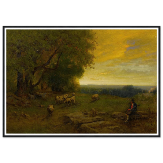 Shepherd And Flock At Sunset (1872) Art Print | George Inness - Framed Poster - 30x40 cm / 12x16″ - Black frame