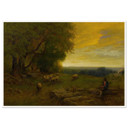 Shepherd And Flock At Sunset (1872) Art Print | George Inness - Framed Poster - 30x40 cm / 12x16″ - Black frame
