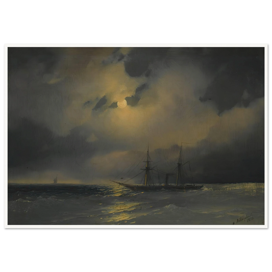 Shipping In Moonlight (1853) Art Print | Ivan Konstantinovich Aivazovsky - Framed Poster - 30x40 cm / 12x16″ - Black frame