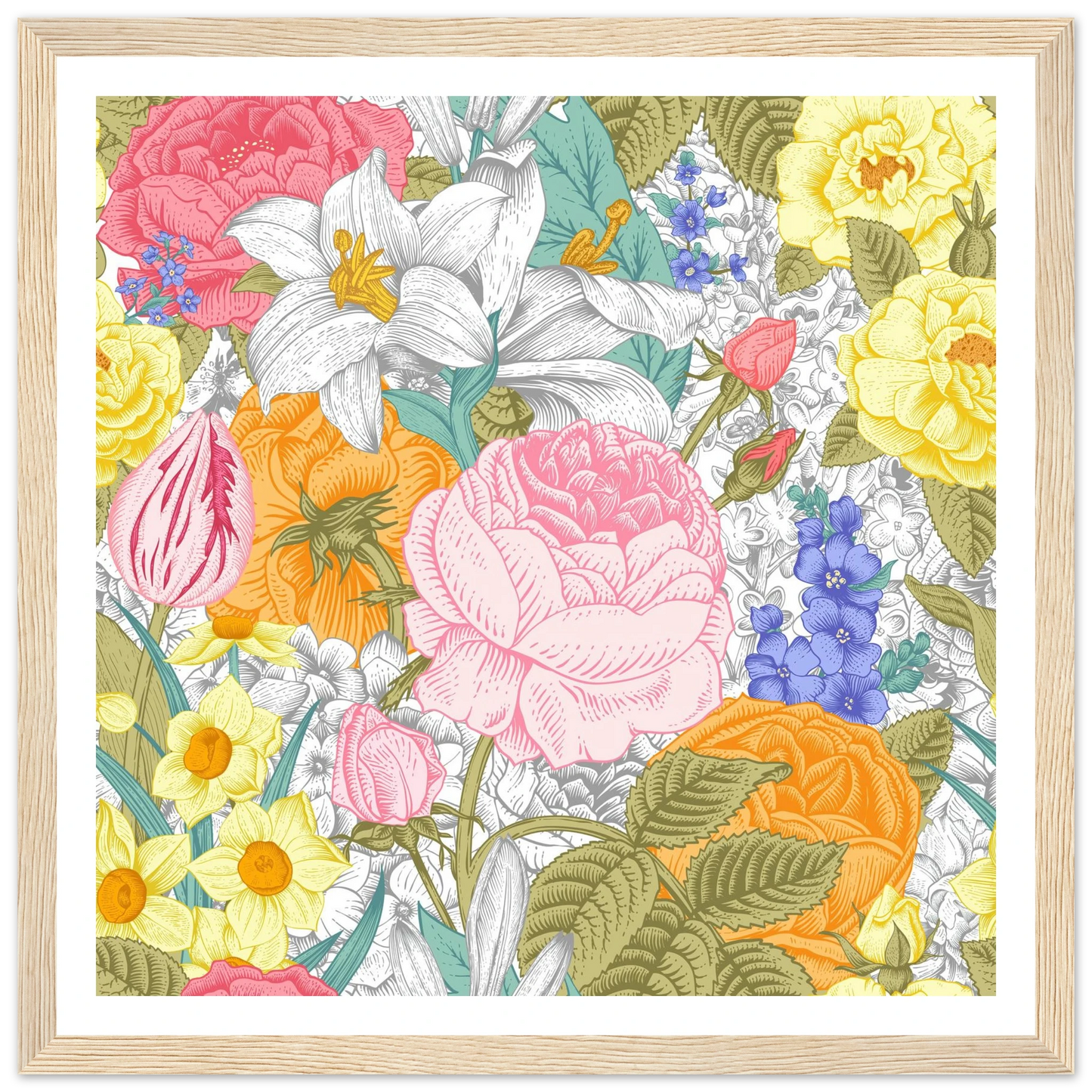 Spring Garden Overload Art Print | William Morris Inspired - Framed Poster - 30x30 cm / 12x12″ - Black frame
