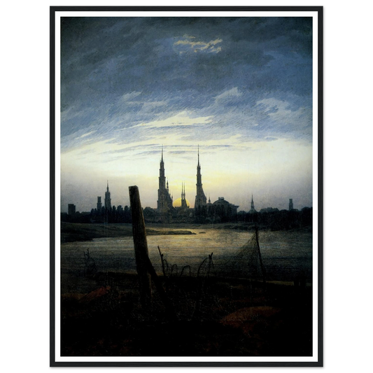 Stadt bei Mondaufgang (Stadt am Wasser bei untergehender Sonne) (1817) Art Print | Caspar David Friedrich - Framed Poster - 30x40 cm / 12x16″ - Black frame