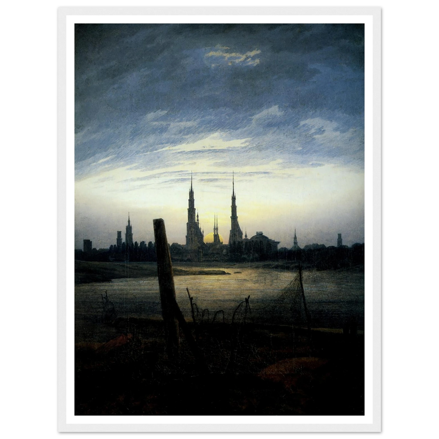 Stadt bei Mondaufgang (Stadt am Wasser bei untergehender Sonne) (1817) Art Print | Caspar David Friedrich - Framed Poster - 30x40 cm / 12x16″ - Black frame