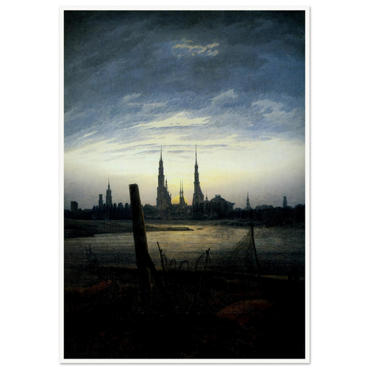 Stadt bei Mondaufgang (Stadt am Wasser bei untergehender Sonne) (1817) Art Print | Caspar David Friedrich - Framed Poster - 30x40 cm / 12x16″ - Black frame