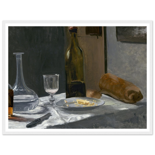 Still Life with Bottle,Carafe Bread and Wine (c. 1862-1863) Art Print | Claude Monet - Framed Poster - 30x40 cm / 12x16″ - Black frame