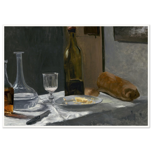 Still Life with Bottle,Carafe Bread and Wine (c. 1862-1863) Art Print | Claude Monet - Framed Poster - 30x40 cm / 12x16″ - Black frame