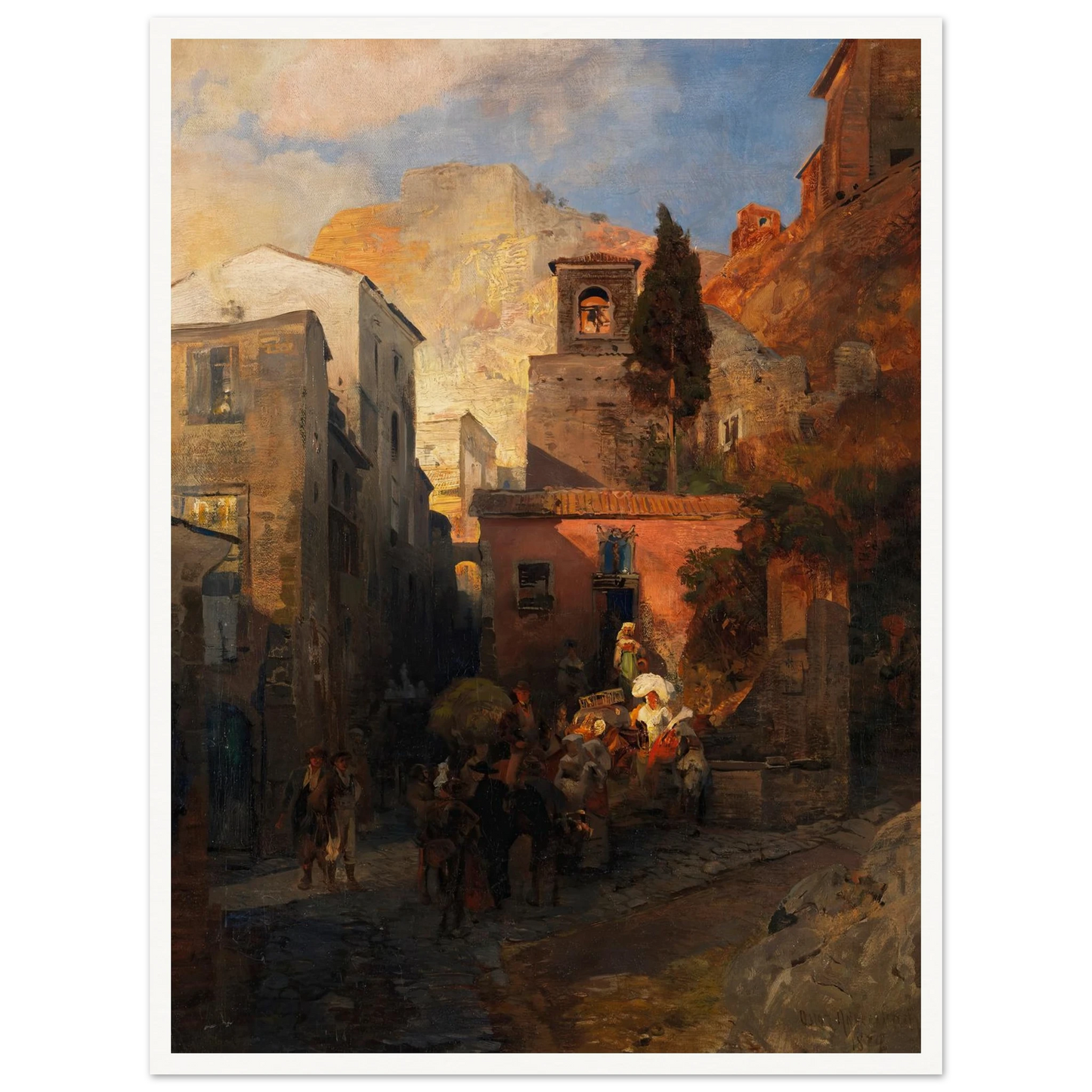 Straßenszene in einem italienischen Bergdorf (1879) Art Print | Oswald Achenbach - Framed Poster - 30x40 cm / 12x16″ - Black frame