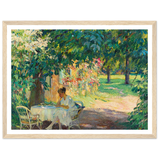 Summer in the garden of the artist’s villa on Lake Starnberg (1920) Art Print | Edward Cucuel - Framed Poster - 30x40 cm / 12x16″ - Black frame