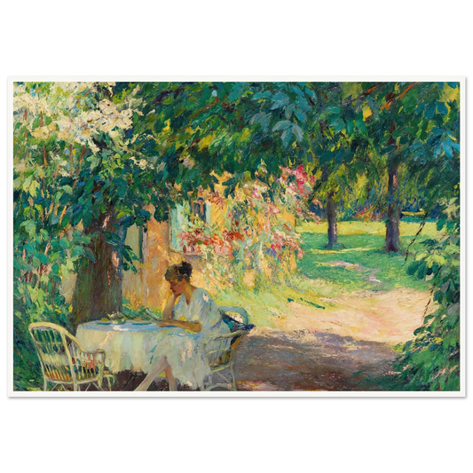 Summer in the garden of the artist’s villa on Lake Starnberg (1920) Art Print | Edward Cucuel - Framed Poster - 30x40 cm / 12x16″ - Black frame