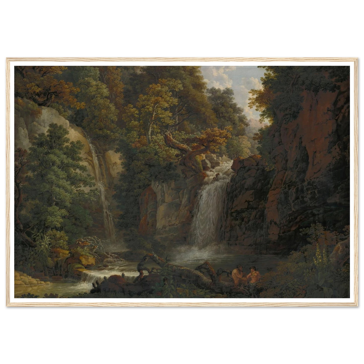 The Giessen near Zeglingen with Two Satyrs Playing the Panflute Art Print | Peter Birmann - Framed Poster - 30x40 cm / 12x16″ - Black frame