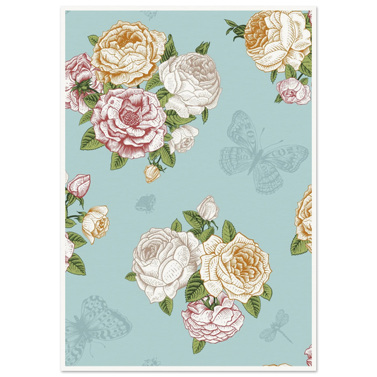 Tiffany Rose Cluster Art Print | William Morris Inspired - Framed Poster - 30x30 cm / 12x12″ - Black frame