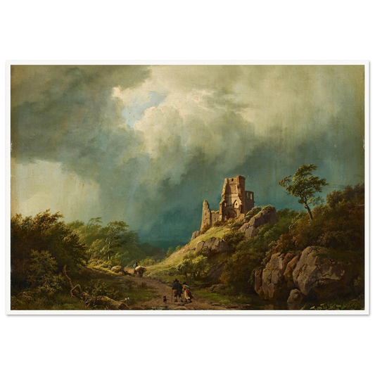 Travellers passing a ruined castle in a stormy landscape (1835) Art Print | Barend Cornelis Koekkoek - Framed Poster - 30x40 cm / 12x16″ - Black frame