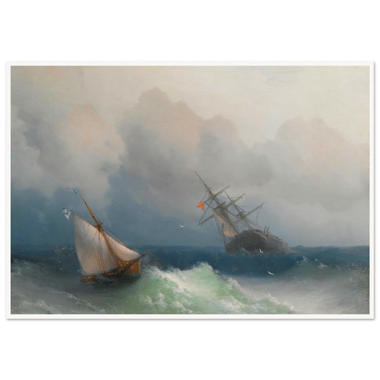 Two Ships At Sea (1863) Art Print | Ivan Konstantinovich Aivazovsky - Framed Poster - 30x40 cm / 12x16″ - Black frame
