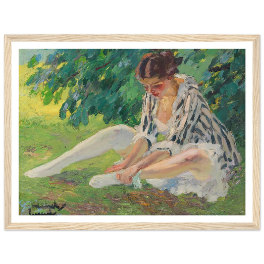 Undressing (sitting in the grass) (1910) Art Print | Edward Cucuel - Framed Poster - 30x40 cm / 12x16″ - Black frame