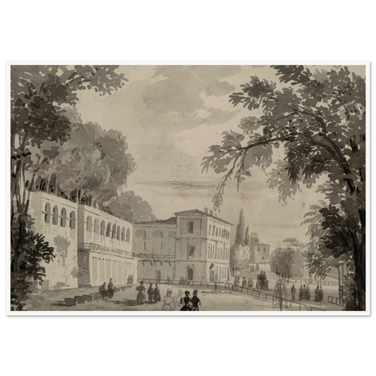 Veduta of the Aqueduct and Aranciera of the Villa Borghese, Rome Art Print | Ippolito Caffi - Framed Poster - 30x40 cm / 12x16″ - Black frame