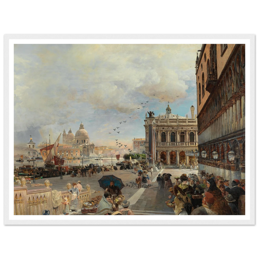 Venice, A View Of The Piazzetta, With The Biblioteca Marciana, Santa Maria Della Salute And The Dogana Art Print | Oswald Achenbach - Framed Poster - 30x40 cm / 12x16″ - Black frame