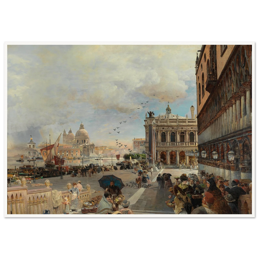 Venice, A View Of The Piazzetta, With The Biblioteca Marciana, Santa Maria Della Salute And The Dogana Art Print | Oswald Achenbach - Framed Poster - 30x40 cm / 12x16″ - Black frame