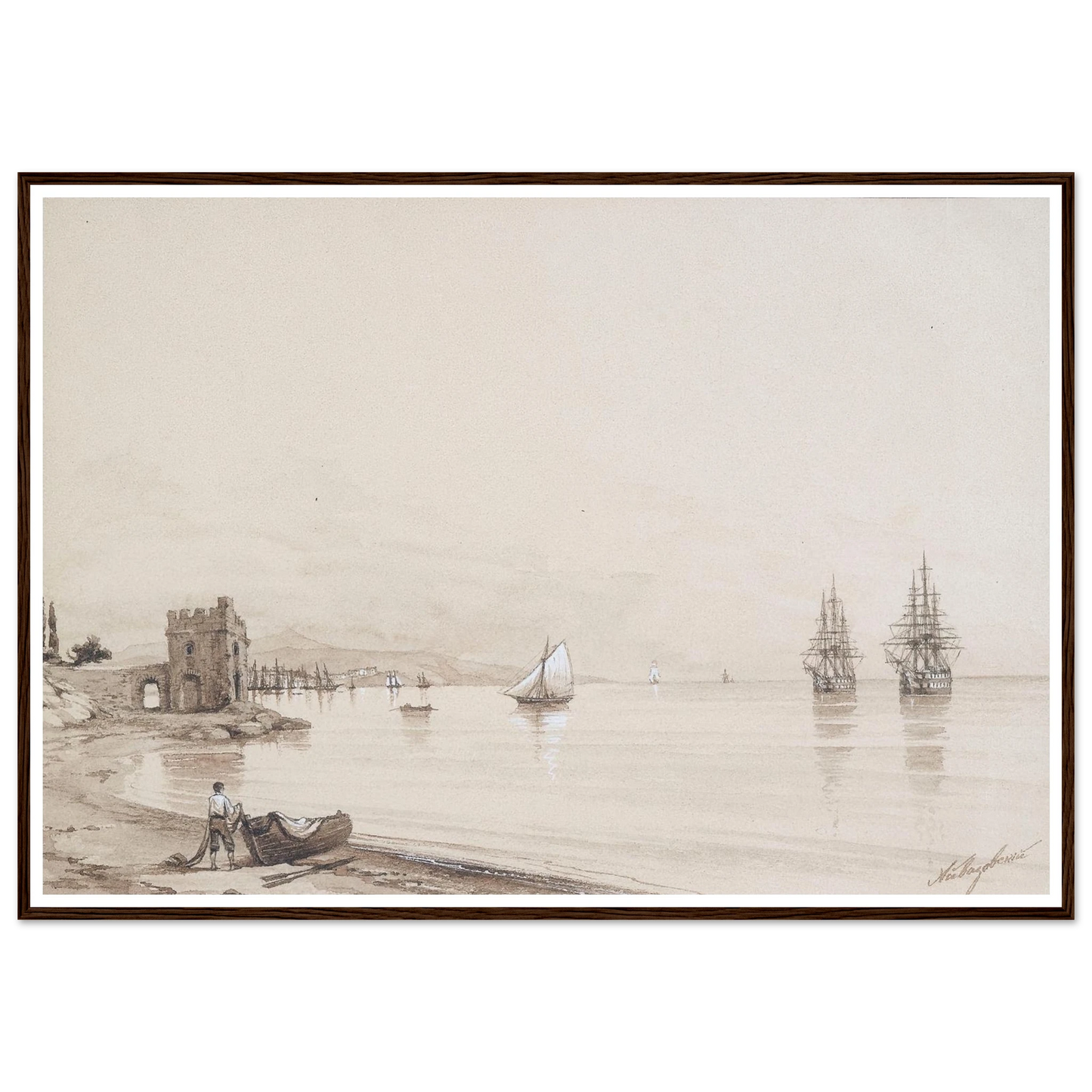 View of a bay with numerous sailing-ships Art Print | Ivan Konstantinovich Aivazovsky - Framed Poster - 30x40 cm / 12x16″ - Black frame