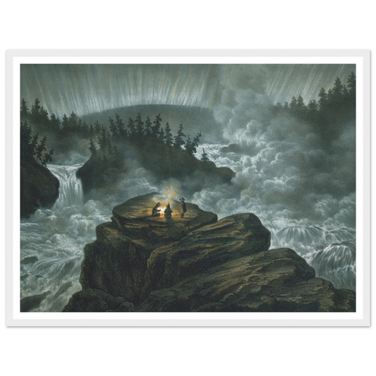 Waterfall and Northern Lights Art Print | Caspar David Friedrich - Framed Poster - 30x40 cm / 12x16″ - Black frame