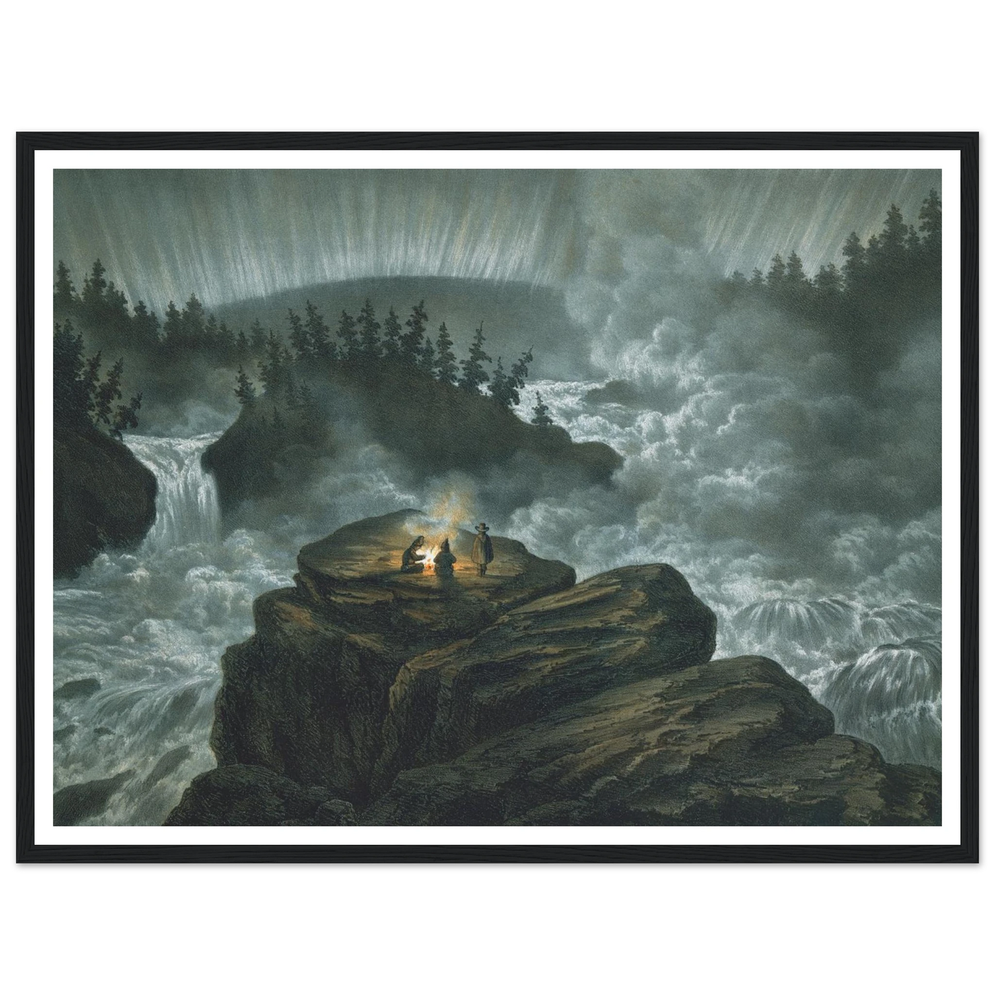 Waterfall and Northern Lights Art Print | Caspar David Friedrich - Framed Poster - 30x40 cm / 12x16″ - Black frame