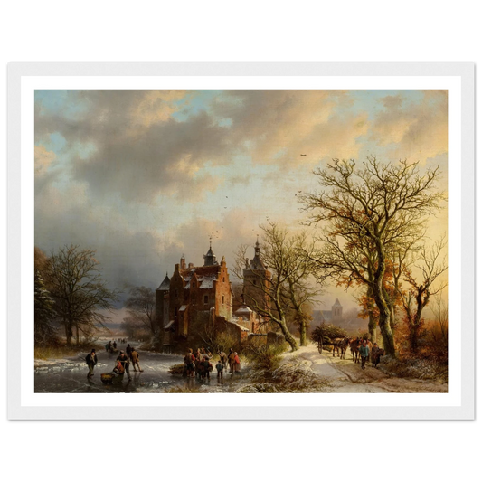 Winter landscape with wood gatherers and skaters (1854) Art Print | Barend Cornelis Koekkoek - Framed Poster - 30x40 cm / 12x16″ - Black frame