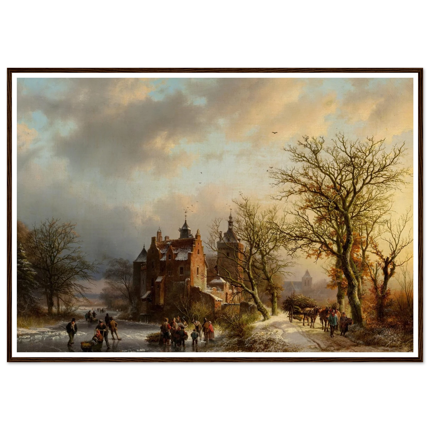 Winter landscape with wood gatherers and skaters (1854) Art Print | Barend Cornelis Koekkoek - Framed Poster - 30x40 cm / 12x16″ - Black frame
