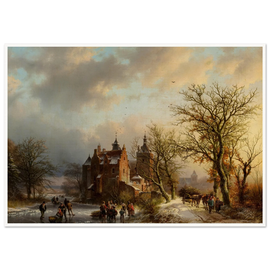 Winter landscape with wood gatherers and skaters (1854) Art Print | Barend Cornelis Koekkoek - Framed Poster - 30x40 cm / 12x16″ - Black frame